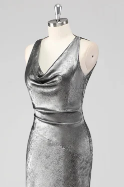 Prata Cinzento Bainha Swing Collar Vestido Formal