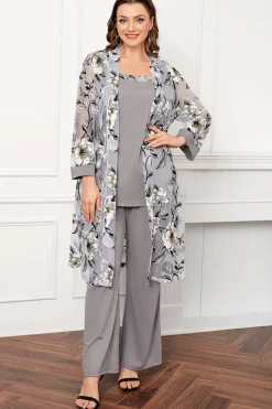 Prata Pescoço Redondo Chiffon Mangas Longas 3 Peças Mãe da Noiva Calça Ternos