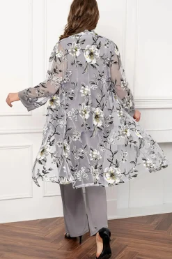 Prata Pescoço Redondo Chiffon Mangas Longas 3 Peças Mãe da Noiva Calça Ternos