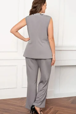 Prata Pescoço Redondo Chiffon Mangas Longas 3 Peças Mãe da Noiva Calça Ternos