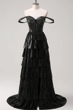 Prata Preto Brilhante Uma Linha Fora do Ombro Corset Tiered Prom Dress com Missangas