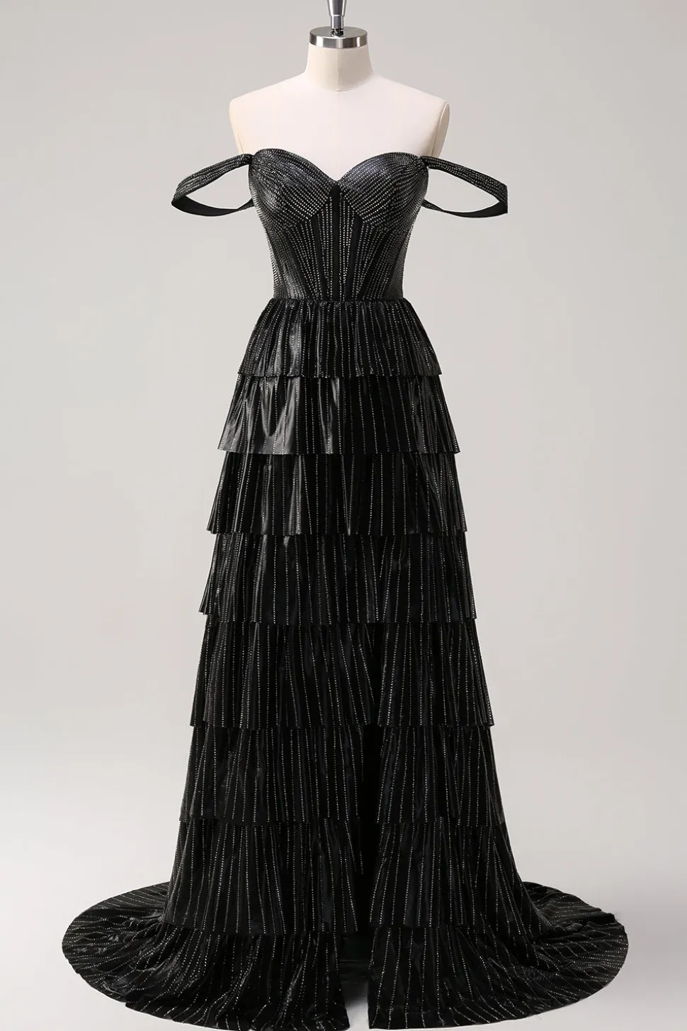 Prata Preto Brilhante Uma Linha Fora do Ombro Corset Tiered Prom Dress com Missangas