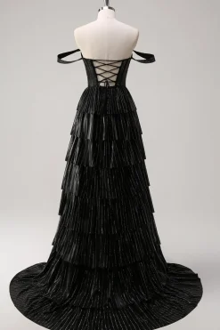 Prata Preto Brilhante Uma Linha Fora do Ombro Corset Tiered Prom Dress com Missangas