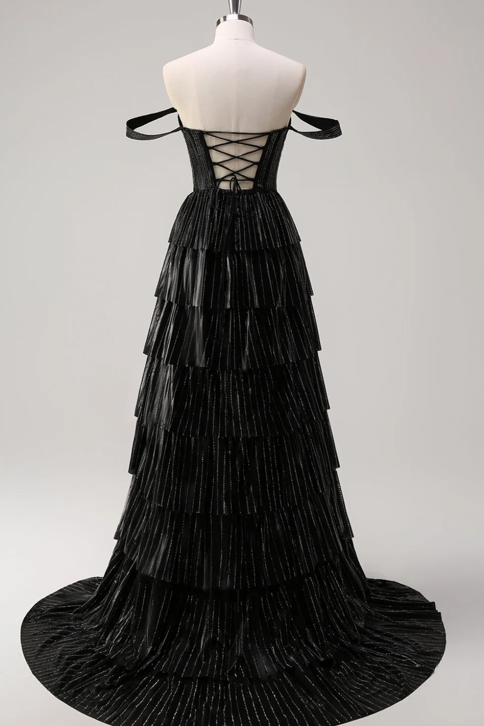 Prata Preto Brilhante Uma Linha Fora do Ombro Corset Tiered Prom Dress com Missangas