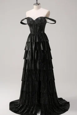 Prata Preto Brilhante Uma Linha Fora do Ombro Corset Tiered Prom Dress com Missangas