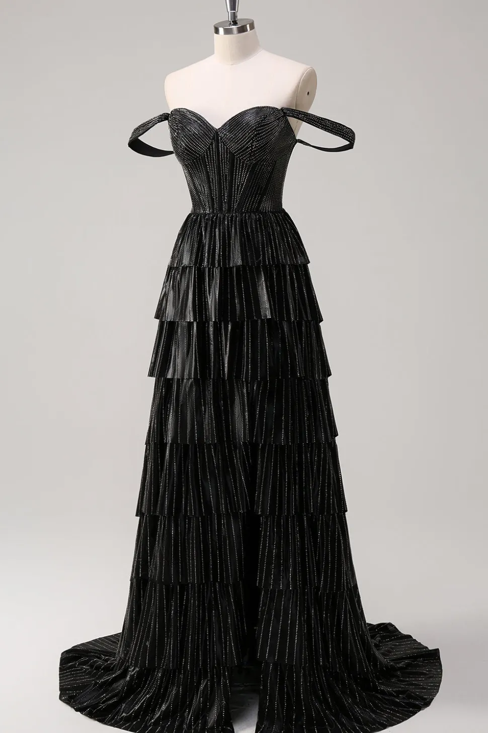 Prata Preto Brilhante Uma Linha Fora do Ombro Corset Tiered Prom Dress com Missangas