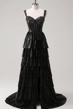Prata Preto Brilhante Uma Linha Fora do Ombro Corset Tiered Prom Dress com Missangas