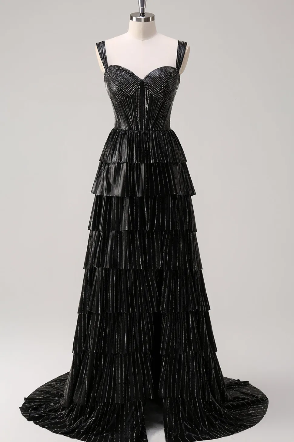 Prata Preto Brilhante Uma Linha Fora do Ombro Corset Tiered Prom Dress com Missangas