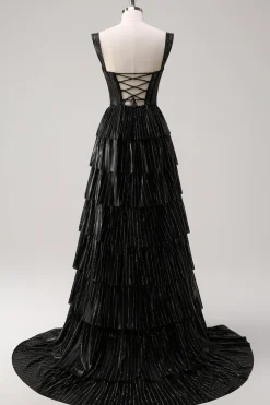 Prata Preto Brilhante Uma Linha Fora do Ombro Corset Tiered Prom Dress com Missangas