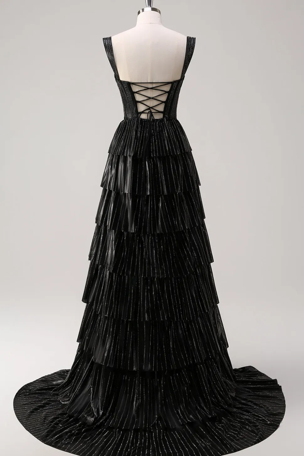 Prata Preto Brilhante Uma Linha Fora do Ombro Corset Tiered Prom Dress com Missangas