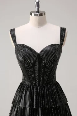 Prata Preto Brilhante Uma Linha Fora do Ombro Corset Tiered Prom Dress com Missangas