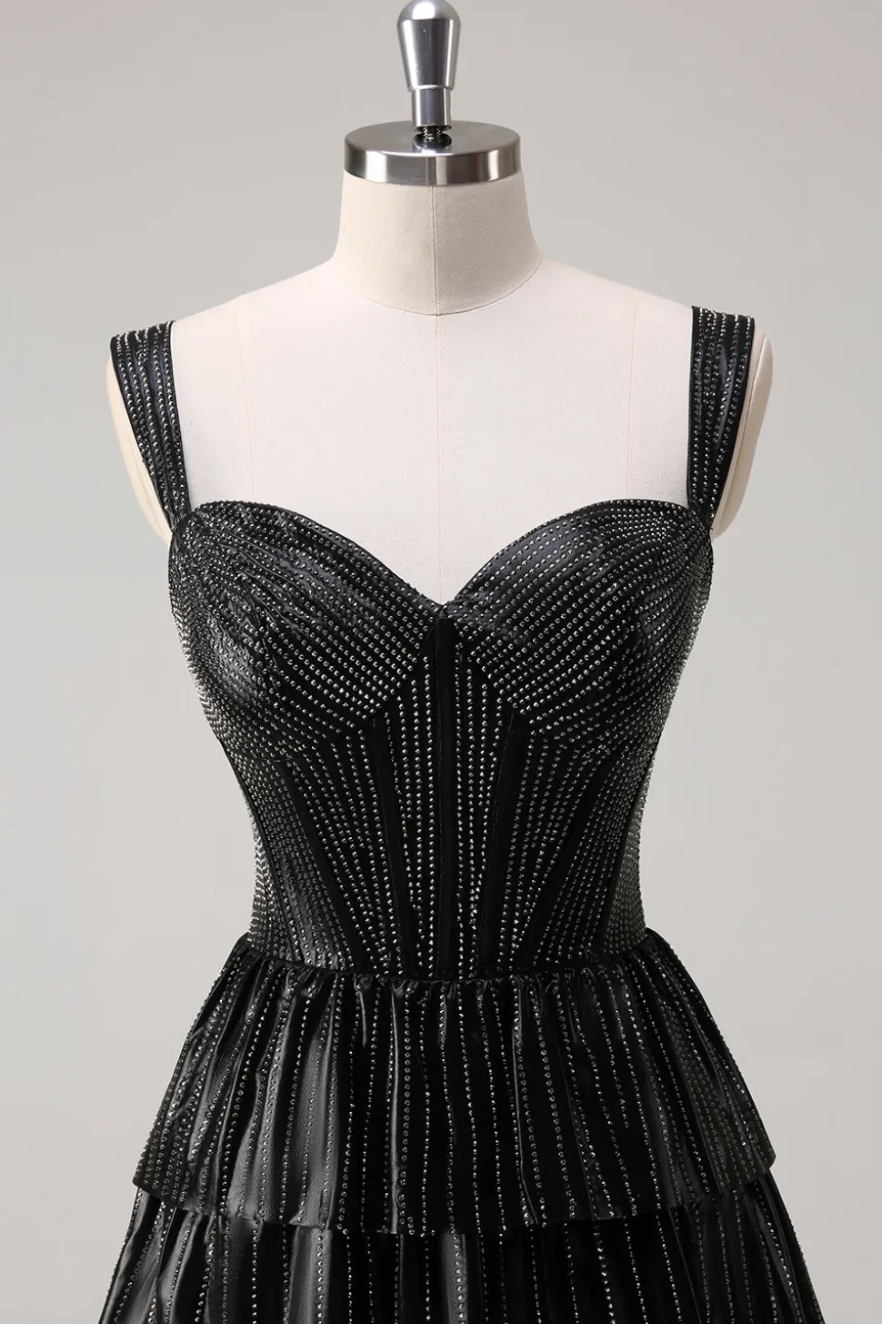 Prata Preto Brilhante Uma Linha Fora do Ombro Corset Tiered Prom Dress com Missangas