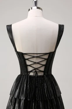 Prata Preto Brilhante Uma Linha Fora do Ombro Corset Tiered Prom Dress com Missangas