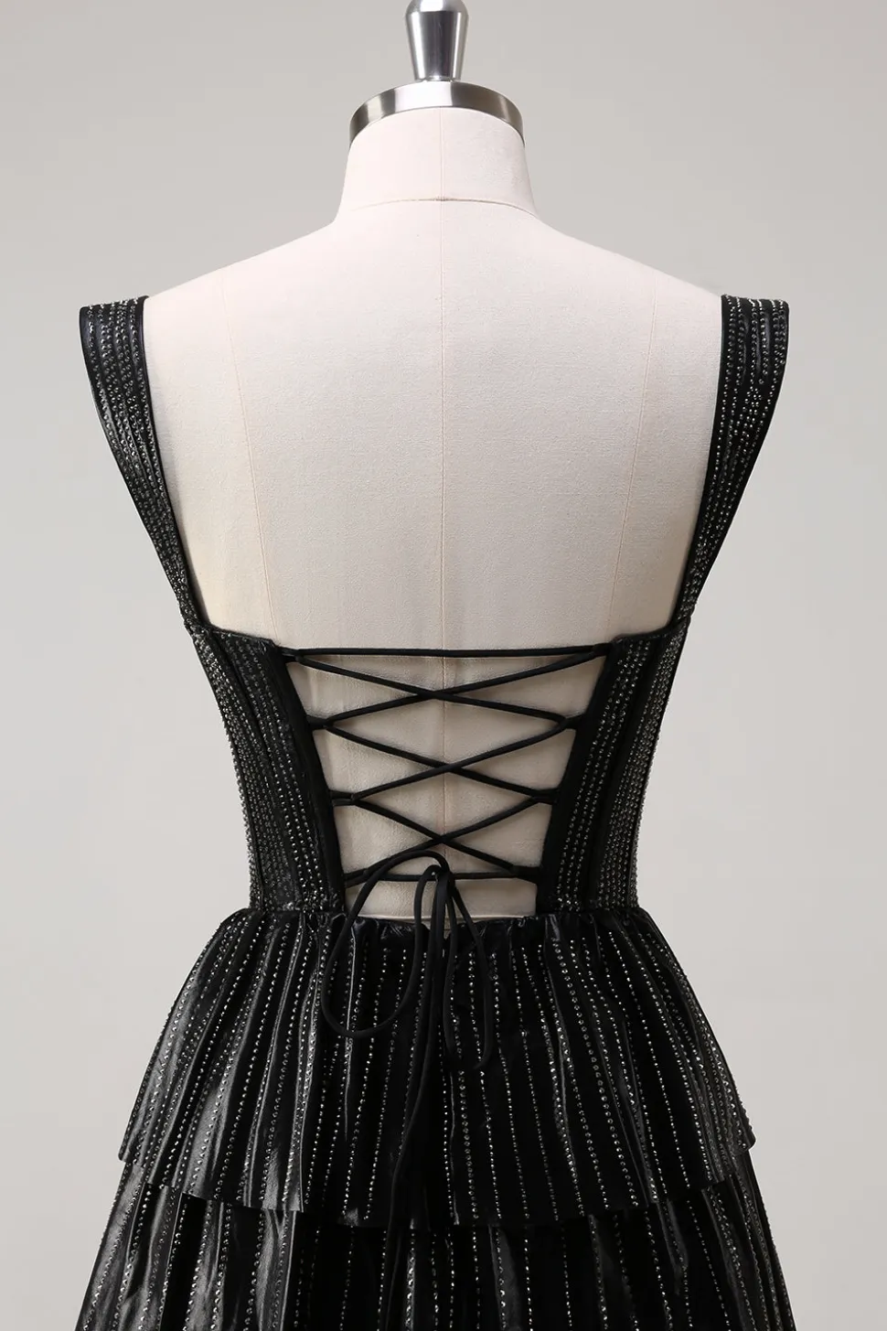 Prata Preto Brilhante Uma Linha Fora do Ombro Corset Tiered Prom Dress com Missangas