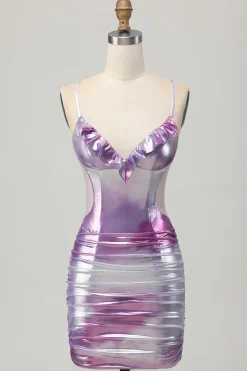 Prata roxo bodycon babado V pescoço Homecoming Dress