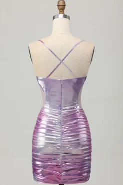 Prata roxo bodycon babado V pescoço Homecoming Dress