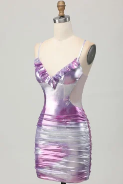 Prata roxo bodycon babado V pescoço Homecoming Dress