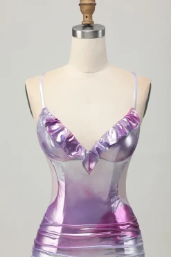 Prata roxo bodycon babado V pescoço Homecoming Dress