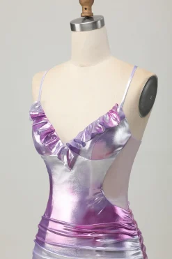 Prata roxo bodycon babado V pescoço Homecoming Dress