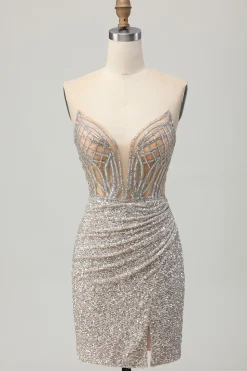 Prata Strapless Bodycon Sequins Homecoming Vestido com Fenda