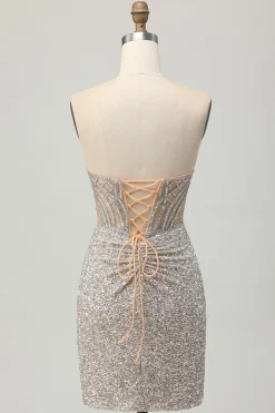 Prata Strapless Bodycon Sequins Homecoming Vestido com Fenda