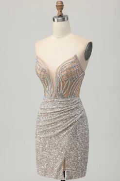 Prata Strapless Bodycon Sequins Homecoming Vestido com Fenda