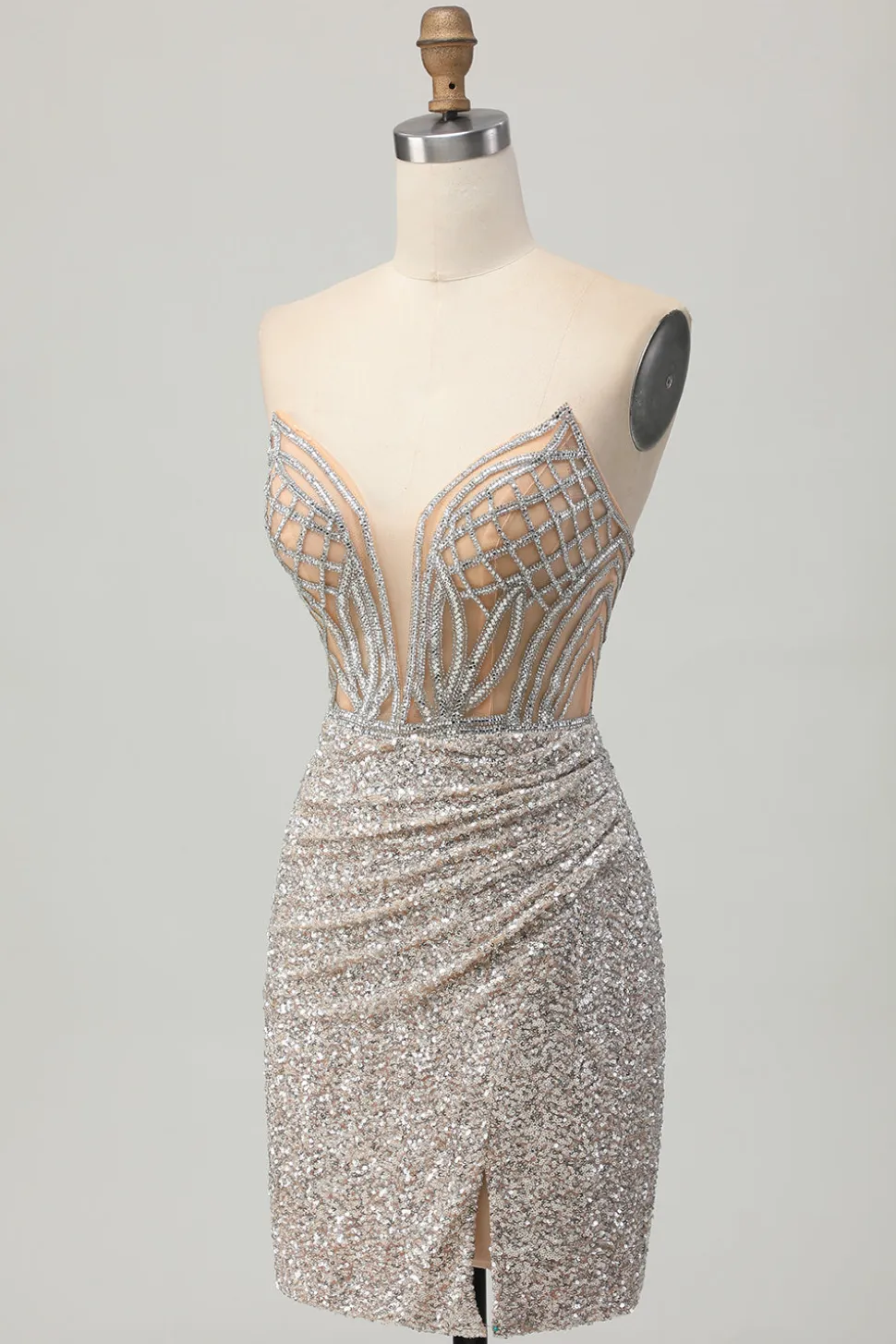 Prata Strapless Bodycon Sequins Homecoming Vestido com Fenda