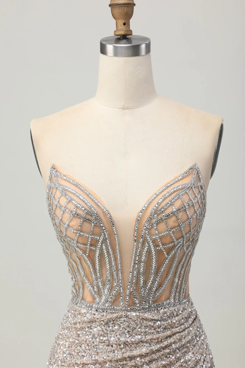 Prata Strapless Bodycon Sequins Homecoming Vestido com Fenda