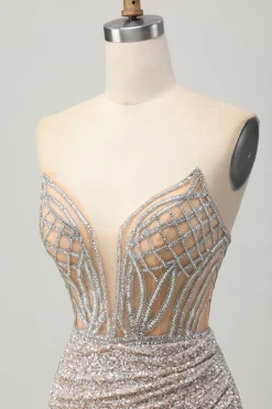 Prata Strapless Bodycon Sequins Homecoming Vestido com Fenda