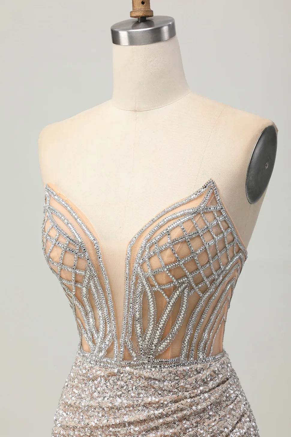 Prata Strapless Bodycon Sequins Homecoming Vestido com Fenda