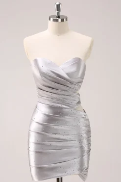 Prata Strapless Hollow out plissado apertado Homecoming Dress com frisos