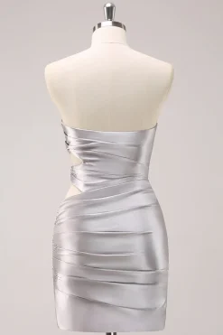 Prata Strapless Hollow out plissado apertado Homecoming Dress com frisos