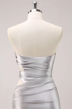Prata Strapless Hollow out plissado apertado Homecoming Dress com frisos