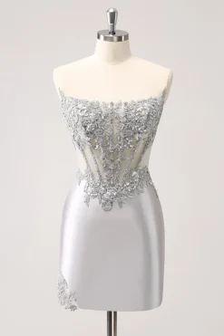 Prata Strapless Sequins Corset Apertado Homecoming Dress