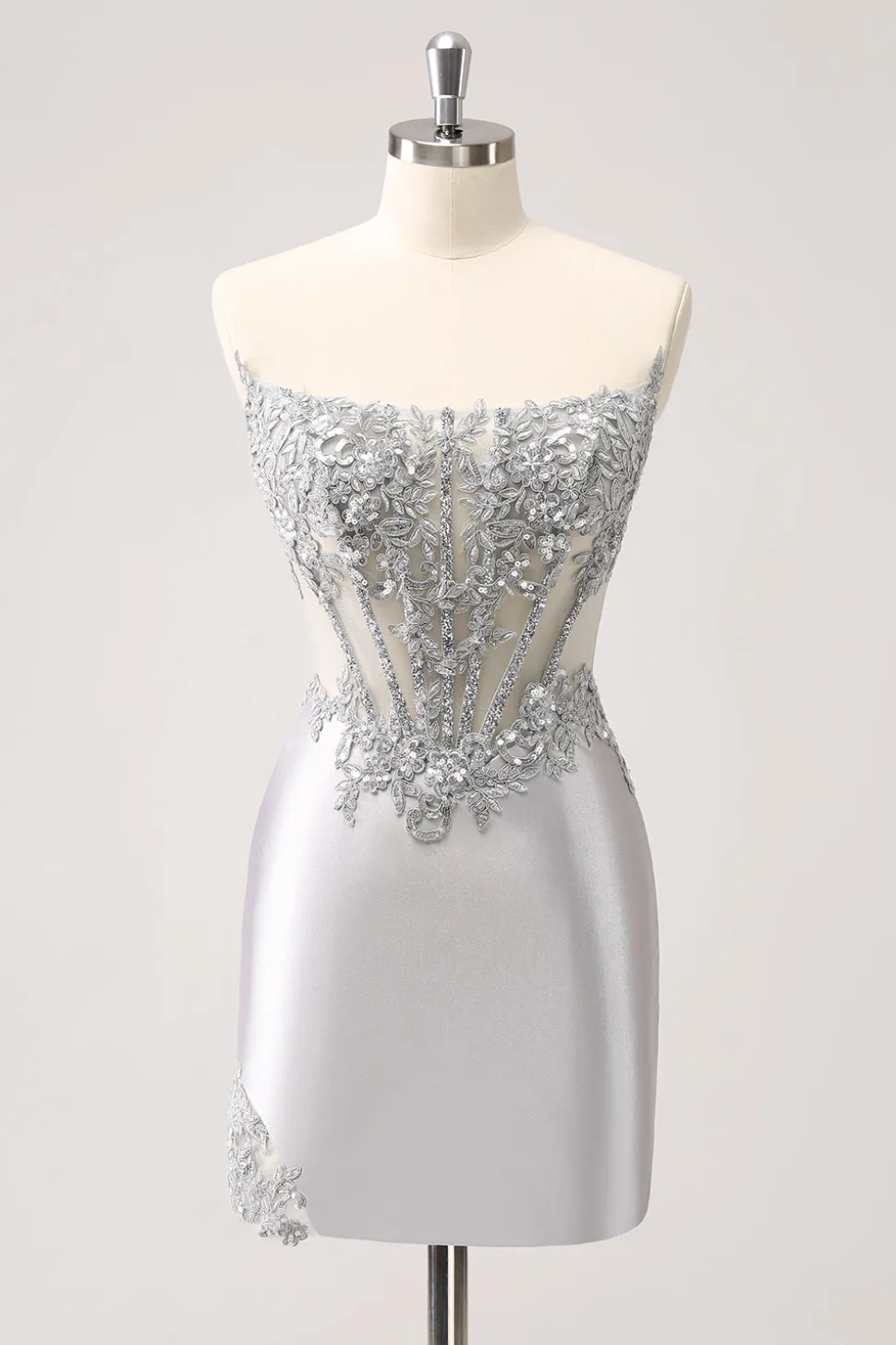 Prata Strapless Sequins Corset Apertado Homecoming Dress