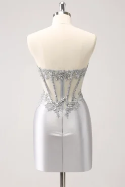 Prata Strapless Sequins Corset Apertado Homecoming Dress