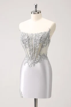 Prata Strapless Sequins Corset Apertado Homecoming Dress