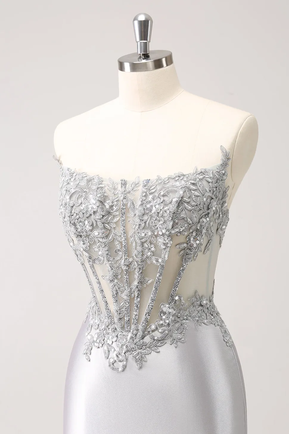 Prata Strapless Sequins Corset Apertado Homecoming Dress