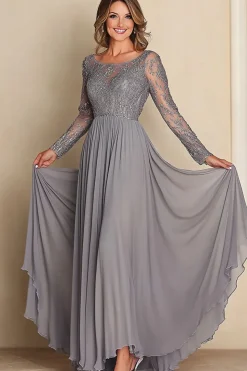 Prata Uma Linha Mangas Longas Renda Mãe Do Vestido Da Noiva