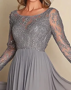 Prata Uma Linha Mangas Longas Renda Mãe Do Vestido Da Noiva