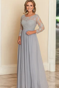 Prata Uma Linha Scoop Chiffon Mãe Da Noiva Vestido Longo com Apliques de Renda