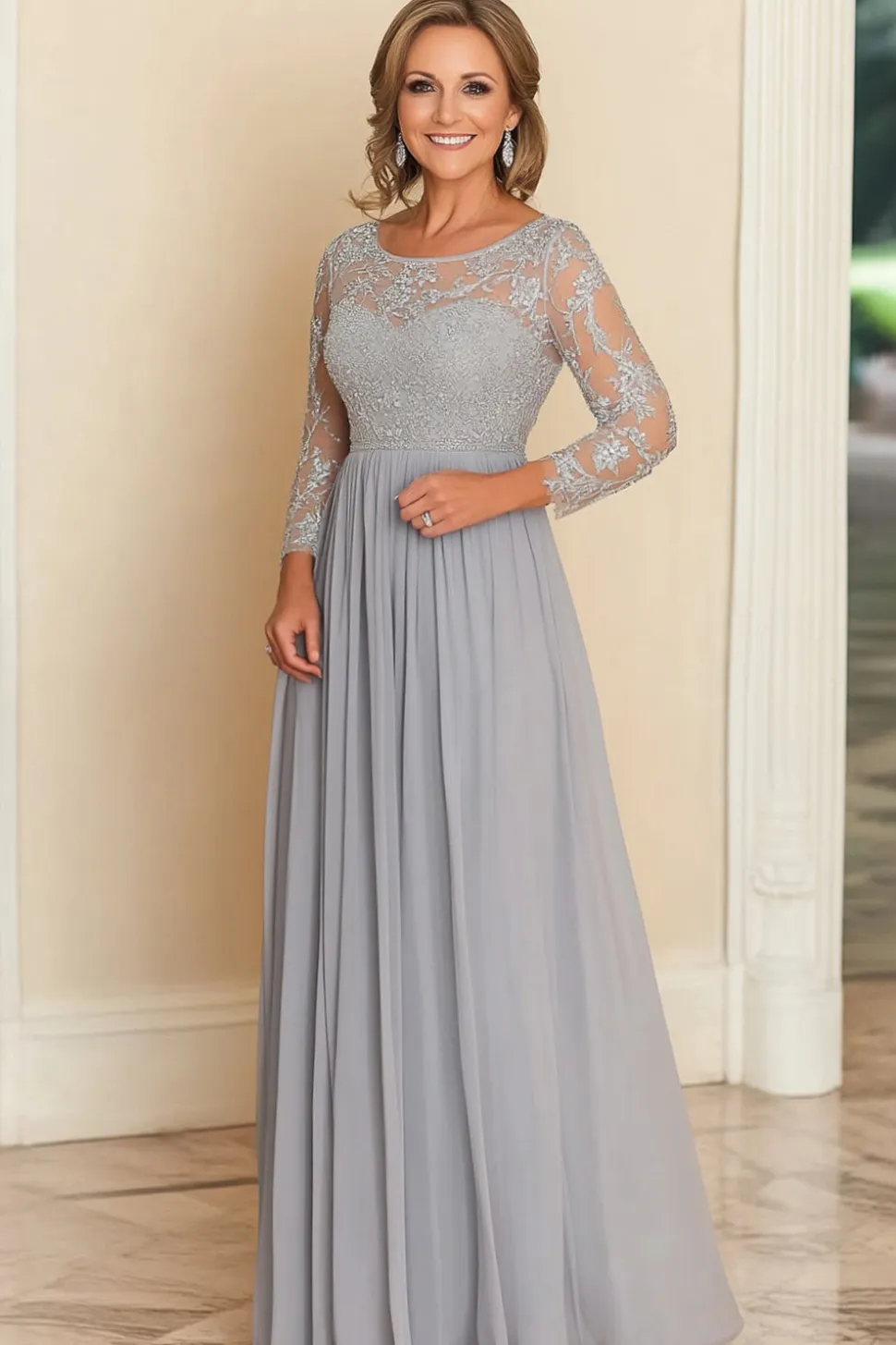 Prata Uma Linha Scoop Chiffon Mãe Da Noiva Vestido Longo com Apliques de Renda