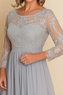 Prata Uma Linha Scoop Chiffon Mãe Da Noiva Vestido Longo com Apliques de Renda