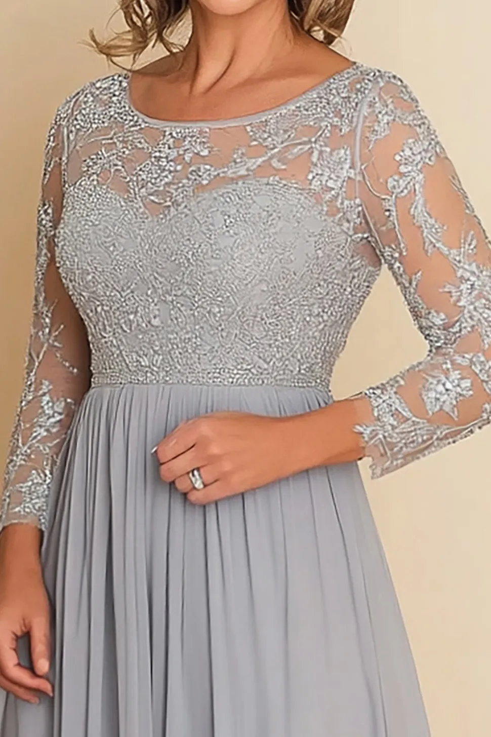 Prata Uma Linha Scoop Chiffon Mãe Da Noiva Vestido Longo com Apliques de Renda