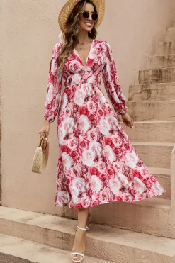 Pregueado estampa floral smockado decote em v sem mangas vestido linha-a tecido de seda midi vestido