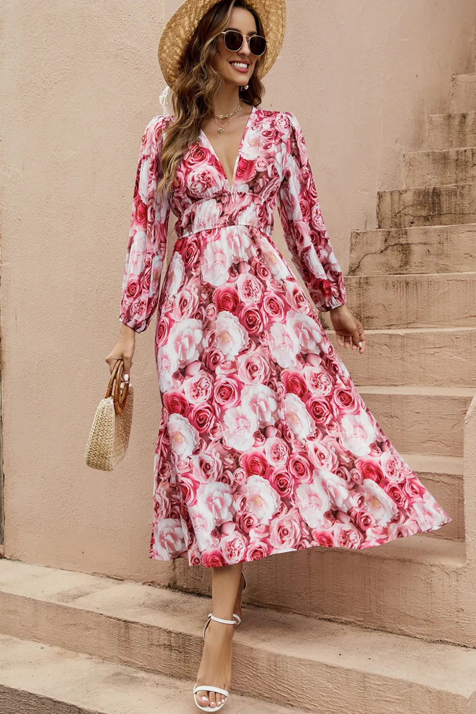 Pregueado estampa floral smockado decote em v sem mangas vestido linha-a tecido de seda midi vestido