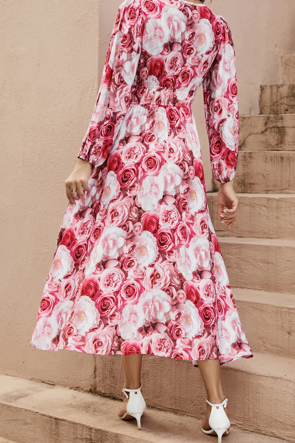 Pregueado estampa floral smockado decote em v sem mangas vestido linha-a tecido de seda midi vestido