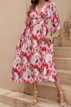 Pregueado estampa floral smockado decote em v sem mangas vestido linha-a tecido de seda midi vestido