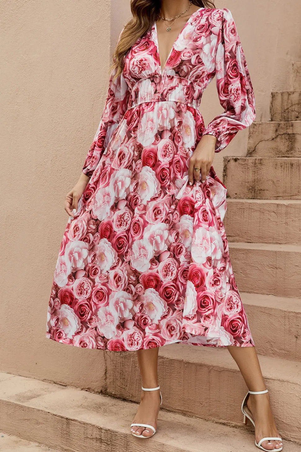 Pregueado estampa floral smockado decote em v sem mangas vestido linha-a tecido de seda midi vestido