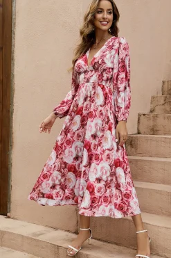 Pregueado estampa floral smockado decote em v sem mangas vestido linha-a tecido de seda midi vestido